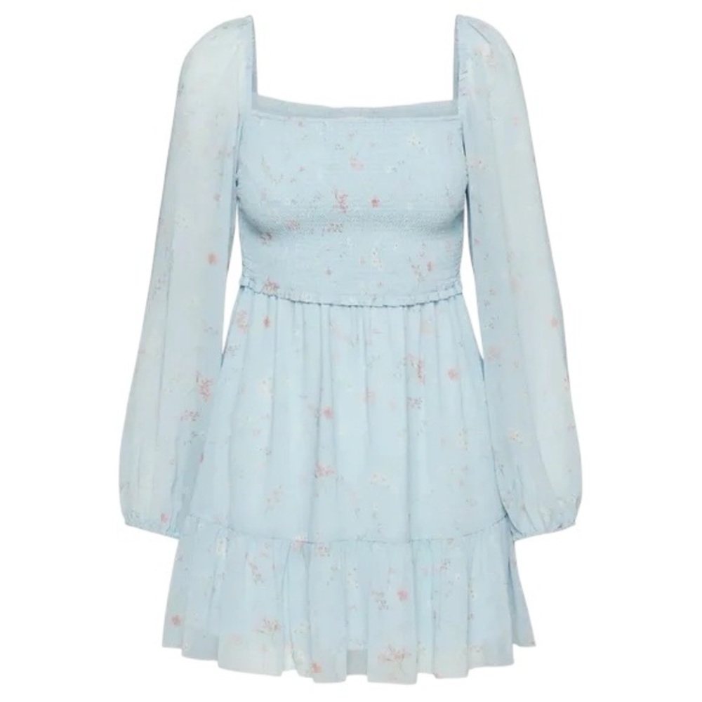 Aritzia Wilfred Tempest Long Sleeve Mini Dress Blue Floral Smocked Chiffon Sz L